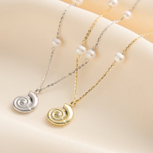 Spiral Conch Shell Drop Pearl Necklace - Perfect for Summer